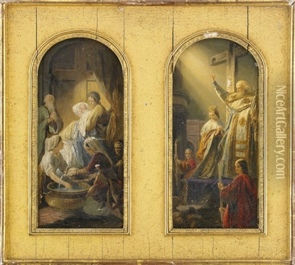 The Birth Of The Virgin And The Exaltation Of The True Cross (a Pair Of Studies For Wall Paintings In St. Isaac's Cathedral, St. Petersburg) Oil Painting - Timofey Andreyevich Neff