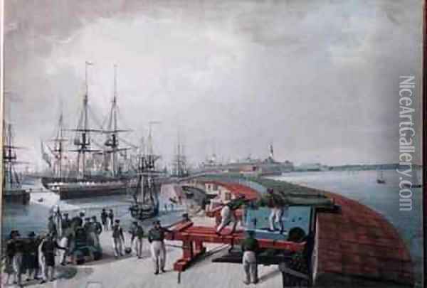 View of Revel the harbour and the Russian coast artillery Oil Painting - Johann Gau