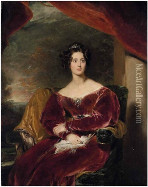 Portrait Of Mary, Countess Of Wilton Seated, In A Red Velvet Dress With A Brooch, A Landscape Beyond Oil Painting - Thomas Lawrence
