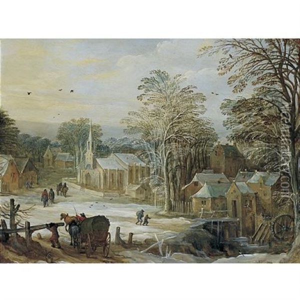 Winter Village With A Water Mill Oil Painting - Joos de Momper the Younger