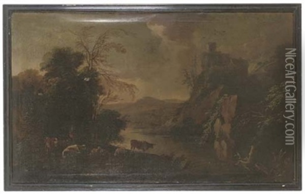 A Mountainous Wooded Landscape With A Shepherd And Sheep By A Lake In The Foreground Oil Painting - Gerard Van Edema