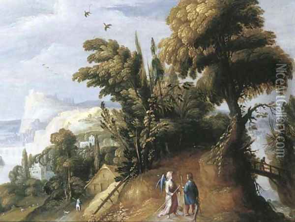 An extensive landscape with Tobias and the Angel Oil Painting - Jasper van der Lamen