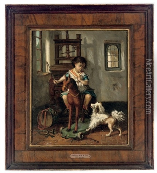 A Young Boy On A Rocking Horse (+ A Young Boy Playing The Violin; Pair) Oil Painting - Joseph Gyselinckx