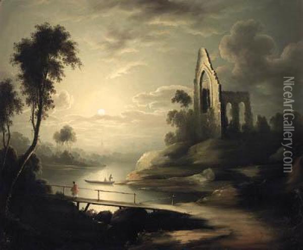 Figures In A Moonlit River Landscape With A Ruined Abbeybeyond Oil Painting - Henry Pether