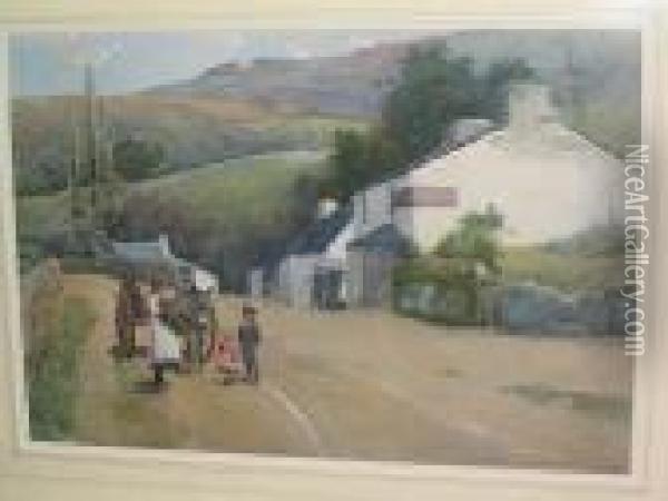 Figures With Donkey And Cart On A Welsh Country Road Oil Painting - Carleton Grant