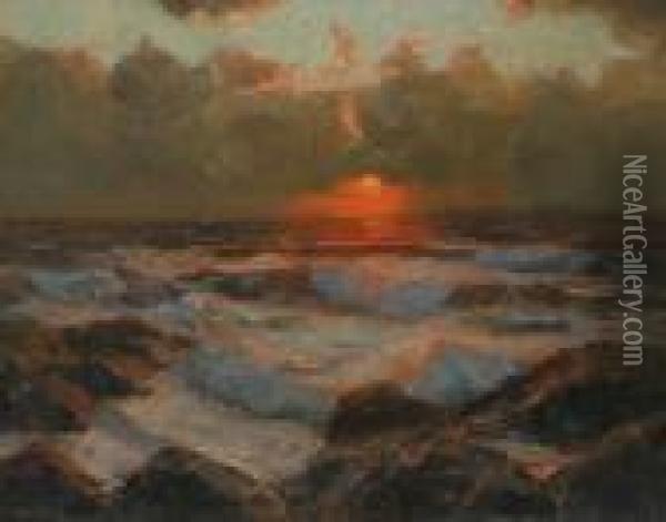 Sunset On The Ocean Oil Oncanvas
 Signed 'julius Olsson' Lower Left 60 X 75 Cm Provenance:private 
Collection Melbourne Oil Painting - Julius Olsson