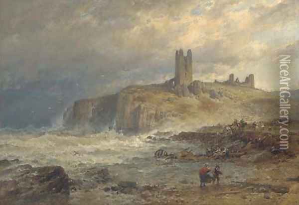 Salvaging a wreck, Dunstanborough, Northumberland Oil Painting - John Syer
