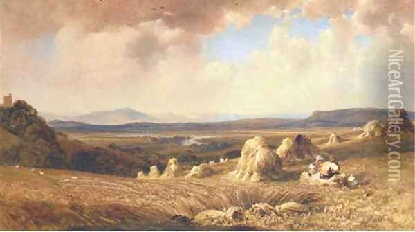Harvesters in the fields above the Valley of the Lune, Cumbria Oil Painting - Peter de Wint