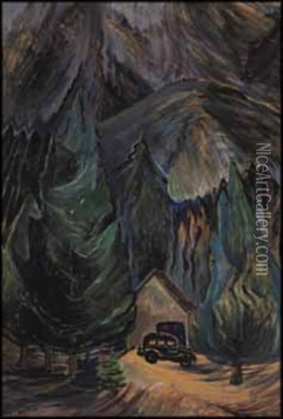 Forest Interior With Car And Cottage Oil Painting - Emily Carr