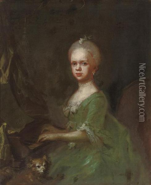 Portrait Of A Young Girl, 
Three-quarter-length, Playing The Pianoforte, In A Green Dress, With A 
Dog Oil Painting - Gaspare Traversi
