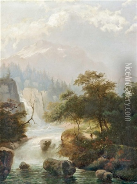 At The Waterfall Oil Painting - Franz Barbarini