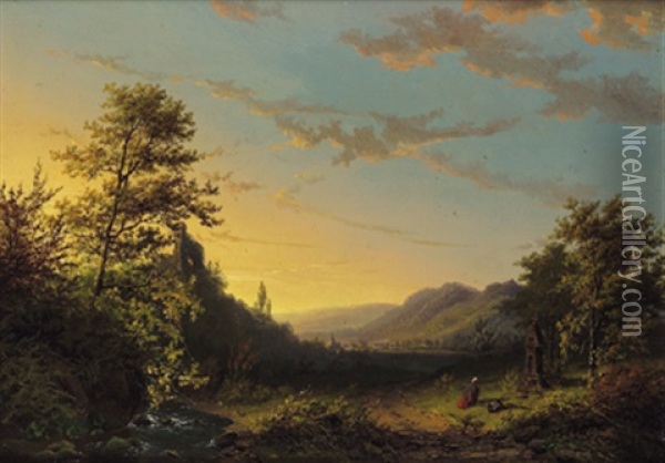 Romantische Landschaft Im Abendrot Oil Painting - Barend Cornelis Koekkoek