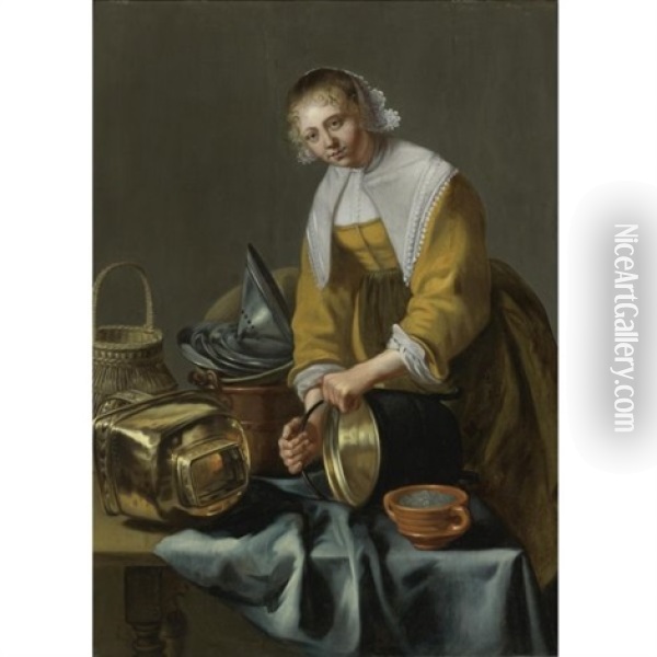 A Kitchen Maid Standing By A Table With Copper Pots, Pewter Plates And Other Objects Oil Painting - Willem Van Odekerken