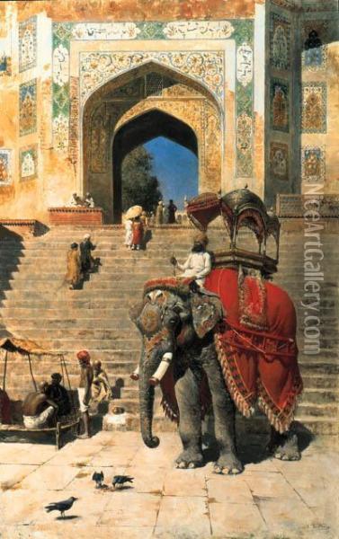 Royal Elephant At The Gateway To The Jami Masjid, Mathura Oil Painting - Edwin Lord Weeks