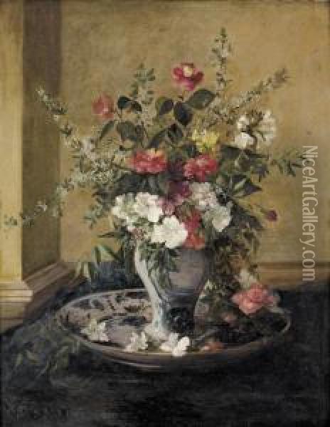 Blumenstillleben Mit Porzellanvase Und Teller. Oil Painting - Jules Felix Ragot