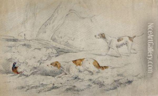 Three Works Spaniels Flushing Pheasant Pheasant Taking Flight Spaniels Coursing The Oil Painting - William Henry Florio Hutchisson