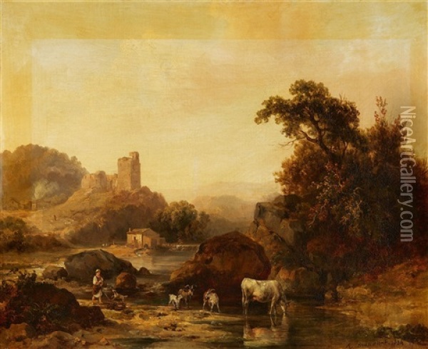 River Landscape With Castle Ruins And Cattle Oil Painting - Jacques Raymond Brascassat