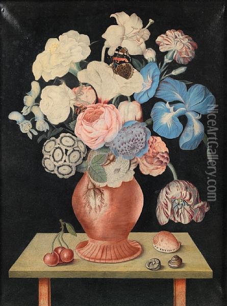 Roses, An Iris, Lilies And Other Flowers In Avase With Cherries And Shells On A Table-top Oil Painting - E., Miss Brown