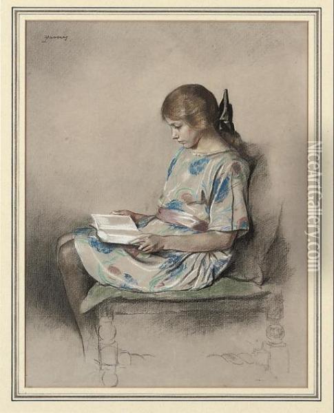 Portrait Of A Girl Reading Oil Painting - John Rabone Harvey