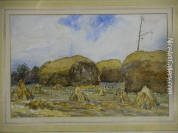 Haymaking Scene And Pembrokeshire Landscape Oil Painting - Edward Granger