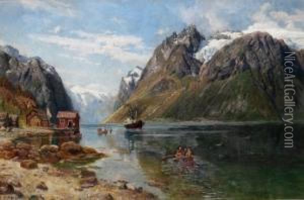 Dampbat Og Robater I Fjordlandskap 1898 Oil Painting - Anders Monsen Askevold