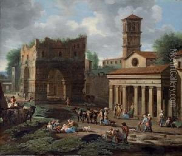 The Arch Of Janus, Rome, With The Church Of San Giorgio In Velabro Oil Painting - Jan van Huchtenburg