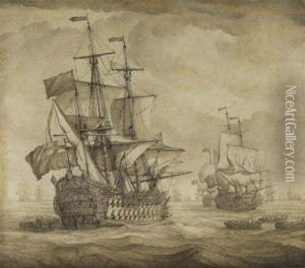 Englische Kriegsschiffe Oil Painting - Willem I Van De Velde
