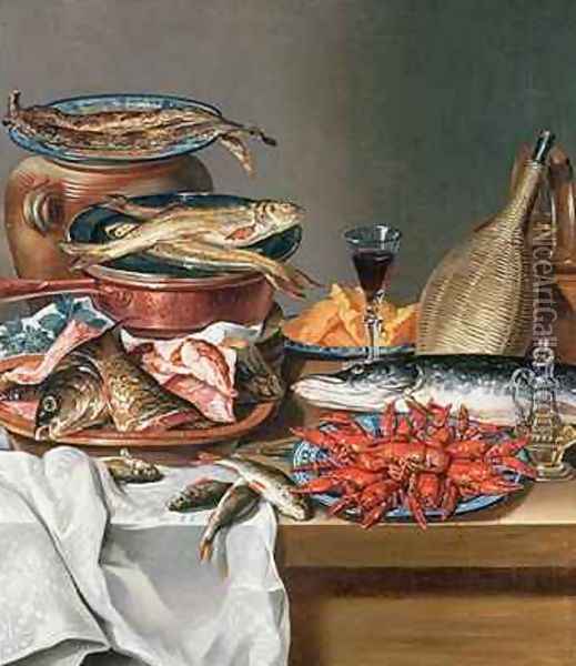 A Still Life of a Fish Trout and Baby Lobsters Oil Painting - Anton Friedrich Harms