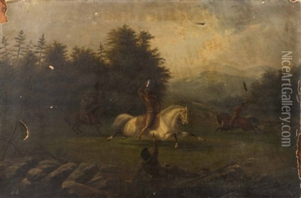 American Natives On Horseback Engaged In A Battle With Settlers Oil Painting - William Edward Norton