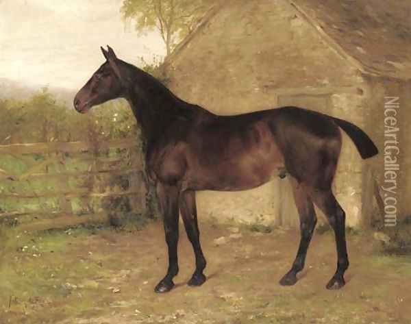A liver chestnut hunter in a stable yard Oil Painting - Anthony De Bree