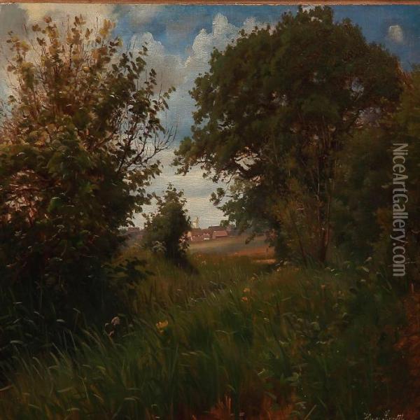 Summer Day In Denmark With A View Towards A Village Oil Painting - Hans Ludvig Smidth