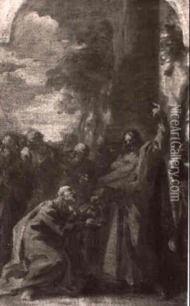 Christ Presenting The Keys To Saint Peter Oil Painting - Giovanni Antonio Pellegrini