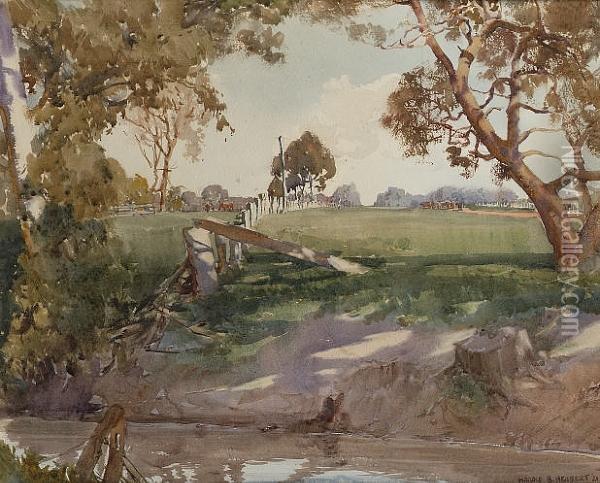 A View Of A Ranch Across A Stream Oil Painting - Harold Brocklebank Herbert
