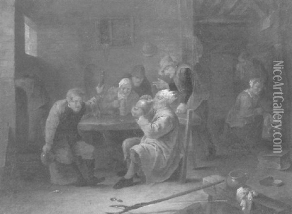 A Tavern Interior With Topers Drinking Around A Table, A Maid Cooking In The Fireplace Of A Room Beyond Oil Painting - Cornelis Mahu