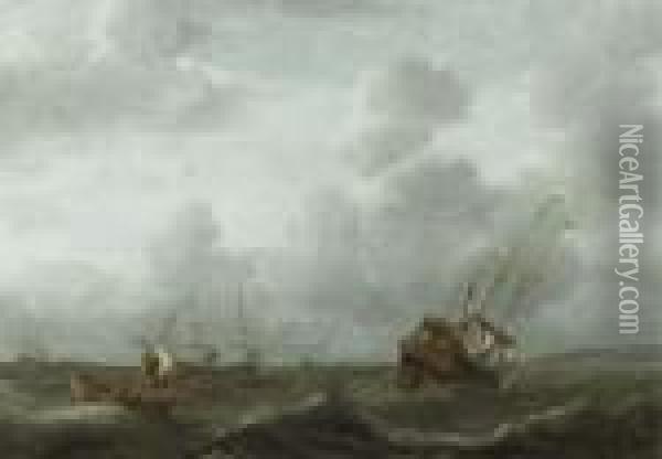 A Frigate And Other Shipping In A Stiff Breeze Oil Painting - Aernout Smit