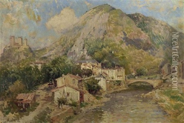 Mediterrane Gebirgslandschaft Mit Einem Dorf Am Fluss Oil Painting - Maurice Levis