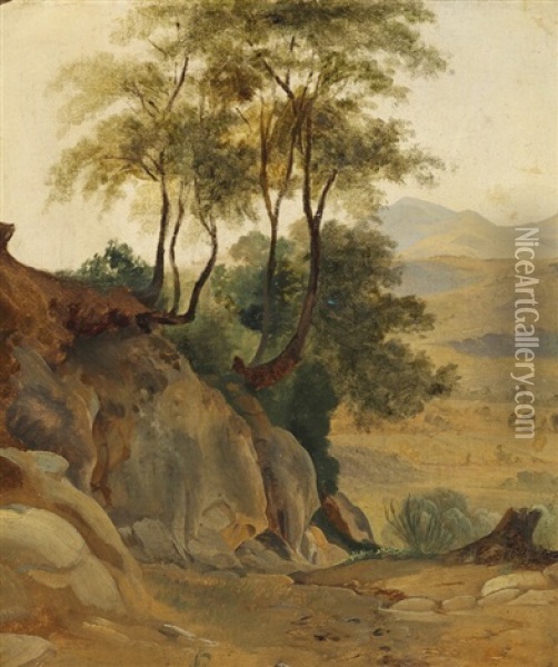 Italian Landscape With Rocks And Tall Trees Oil Painting - Frederik (Fritz) Petzholdt