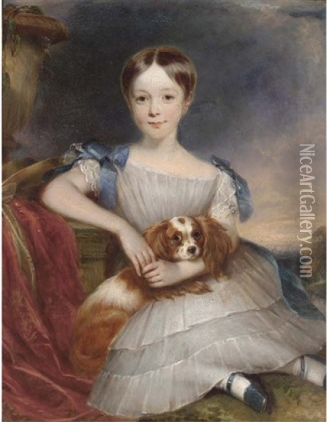 Portrait Of A Boy (sir John Pitfield Bt.?), Seated Full-length, In A White Dress With Blue Ribbons, A Toy Spaniel On His Lap, A Landscape Beyond Oil Painting - John (Gilbert) Graham