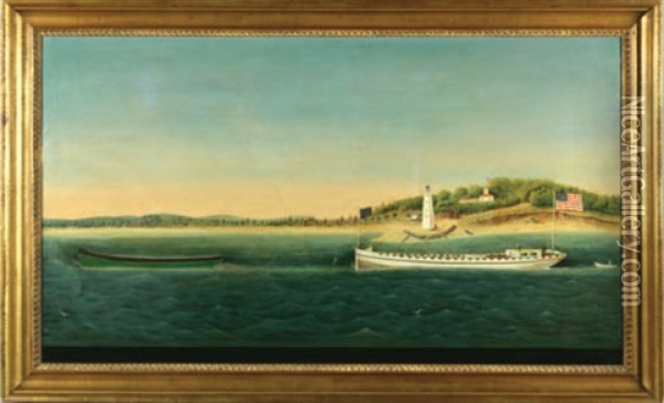 Towboat With Barge Passing A Lighthouse, Bridgeport Harbor Oil Painting - Jurgen Frederick Huge
