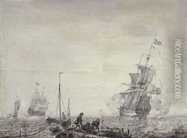Men-o'-war And Other Vessels In A Stiff Breeze Before A Coast Oil Painting - Olfert De Vrij