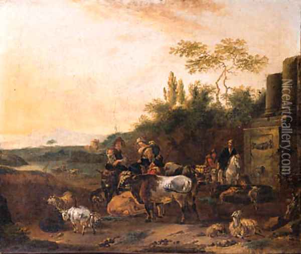 Cowherds and shepherds with cattle by classical ruins in an Italianate landscape Oil Painting - Jan Frans Soolmaker
