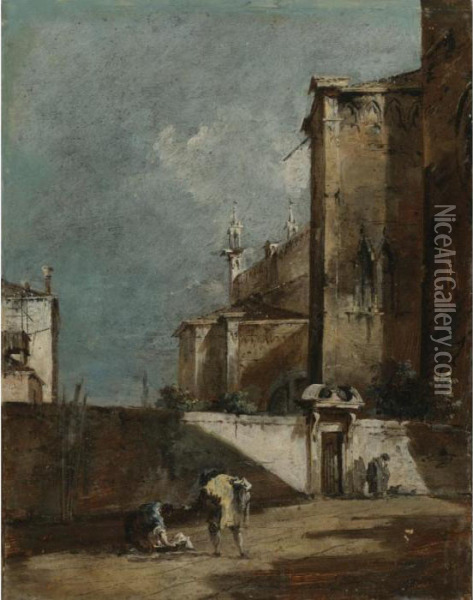 Architectural Capriccio With Figures By The Walled Garden Of A Gothic Church Oil Painting - Francesco Guardi