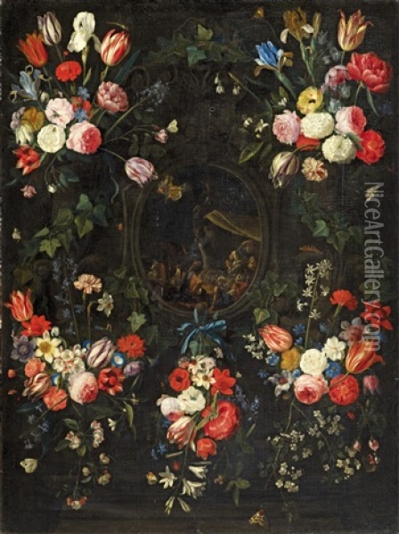 Flower Garlands With The Annunciation To The Shepherds Oil Painting - Jan van Kessel the Elder