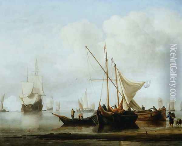 A Kaag and Smalschip near the Shore with a Ship Firing a Gun Oil Painting - Willem van de Velde the Younger