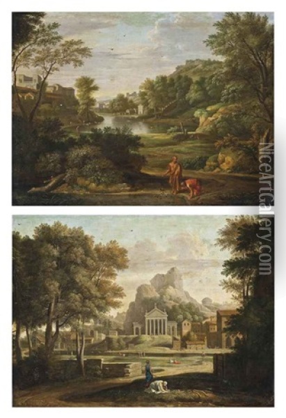 A Classical Landscape With Diogenes Casting Away His Drinking Cup (+ A Classical Landscape With The Gathering Of The Ashes Of Phoican; Pair) Oil Painting - Nicolas Poussin