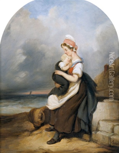 Fischersfrau Mit Kind An Der Kuste Oil Painting - Joseph Beaume