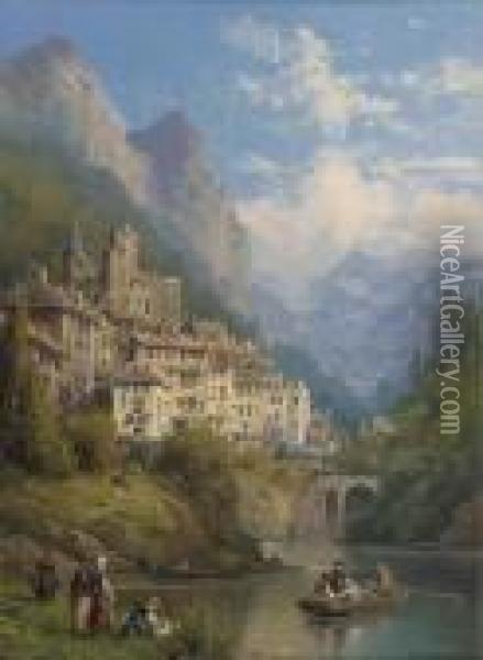 A Lakeside Town In Piemonte Oil Painting - Charles Euphrasie Kuwasseg