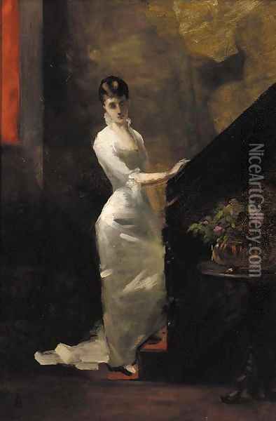 A lady in a white dress at the foot of the stairs Oil Painting - Alfred Stevens
