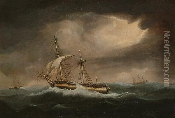 A Frigate, Believed To Be H.m.s. 'newcastle' In A Storm Oil Painting - Thomas Whitcombe
