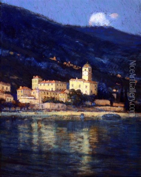 Nocturne - City By The Shoreline, Bellagio, Lake Como, Italy Oil Painting - Charles Warren Eaton